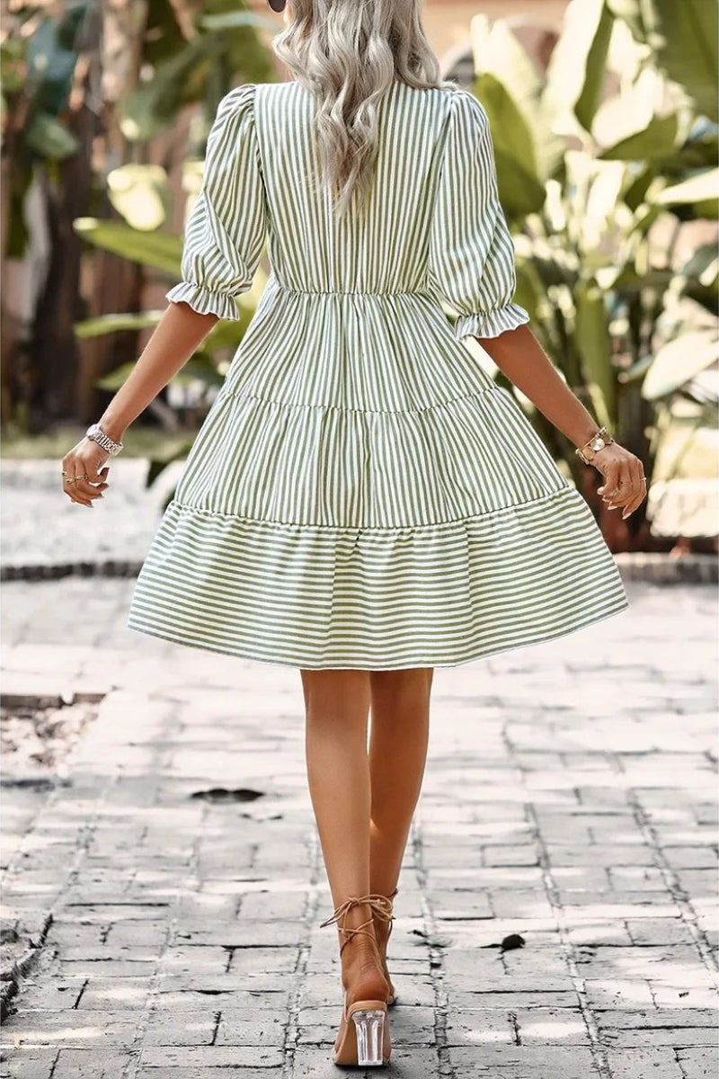 Striped V Neck Button Front Puff Sleeve Dress