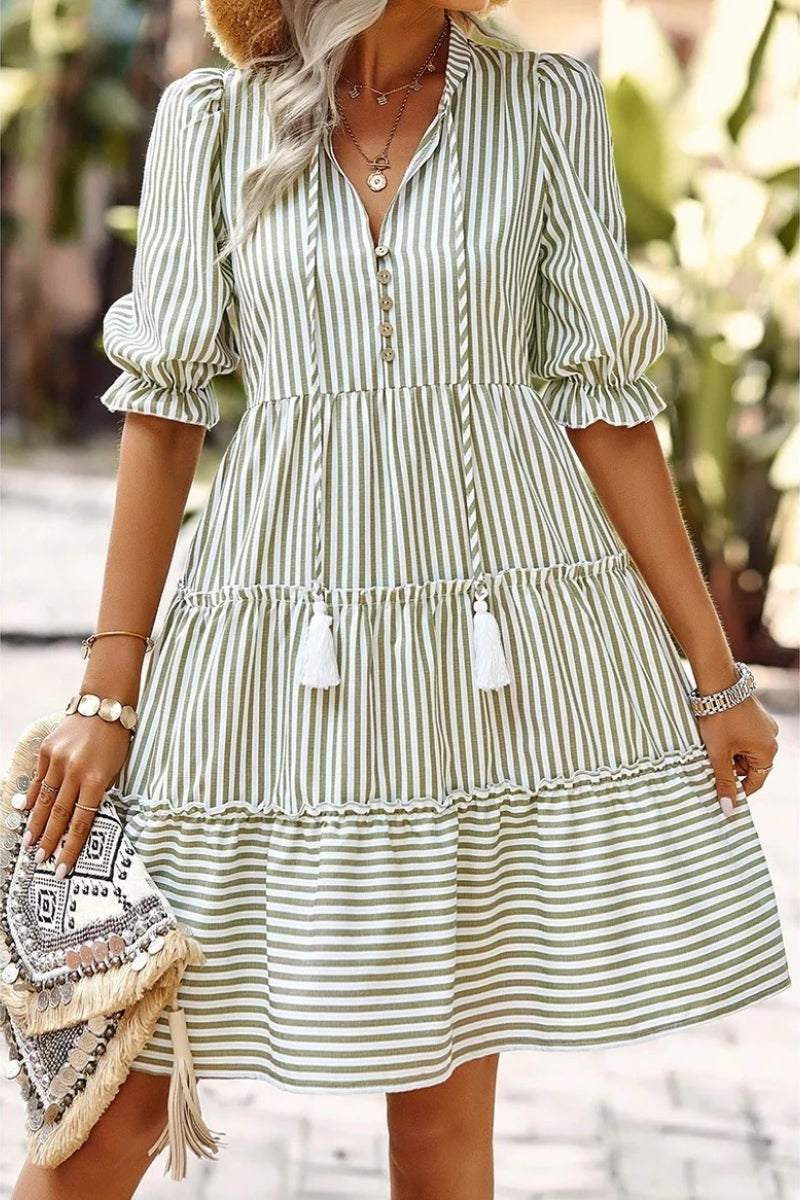 Striped V Neck Button Front Puff Sleeve Dress
