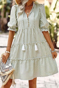 Striped V Neck Button Front Puff Sleeve Dress