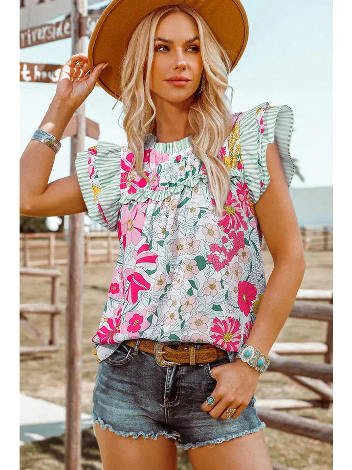 Floral Contrast Ruffle Sleeve Top