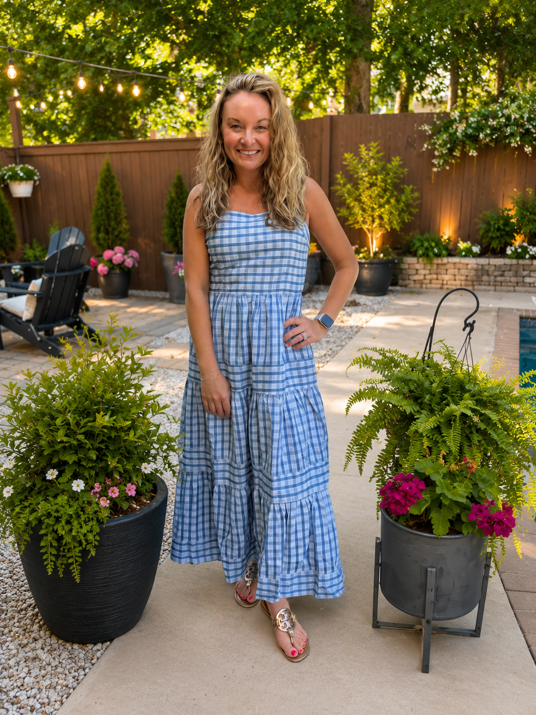 THML Midi Thin Stripped Strap Tiered Dress