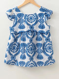 Blue Boho Print Flutter Sleeve Top