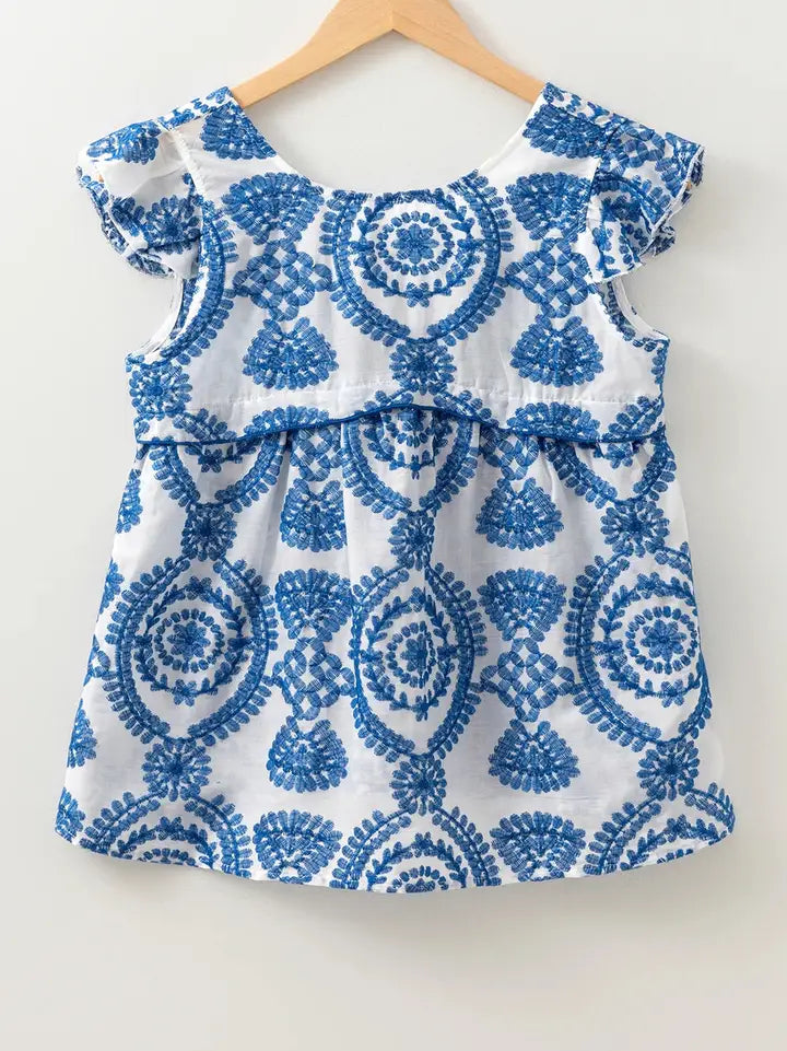 Blue Boho Print Flutter Sleeve Top