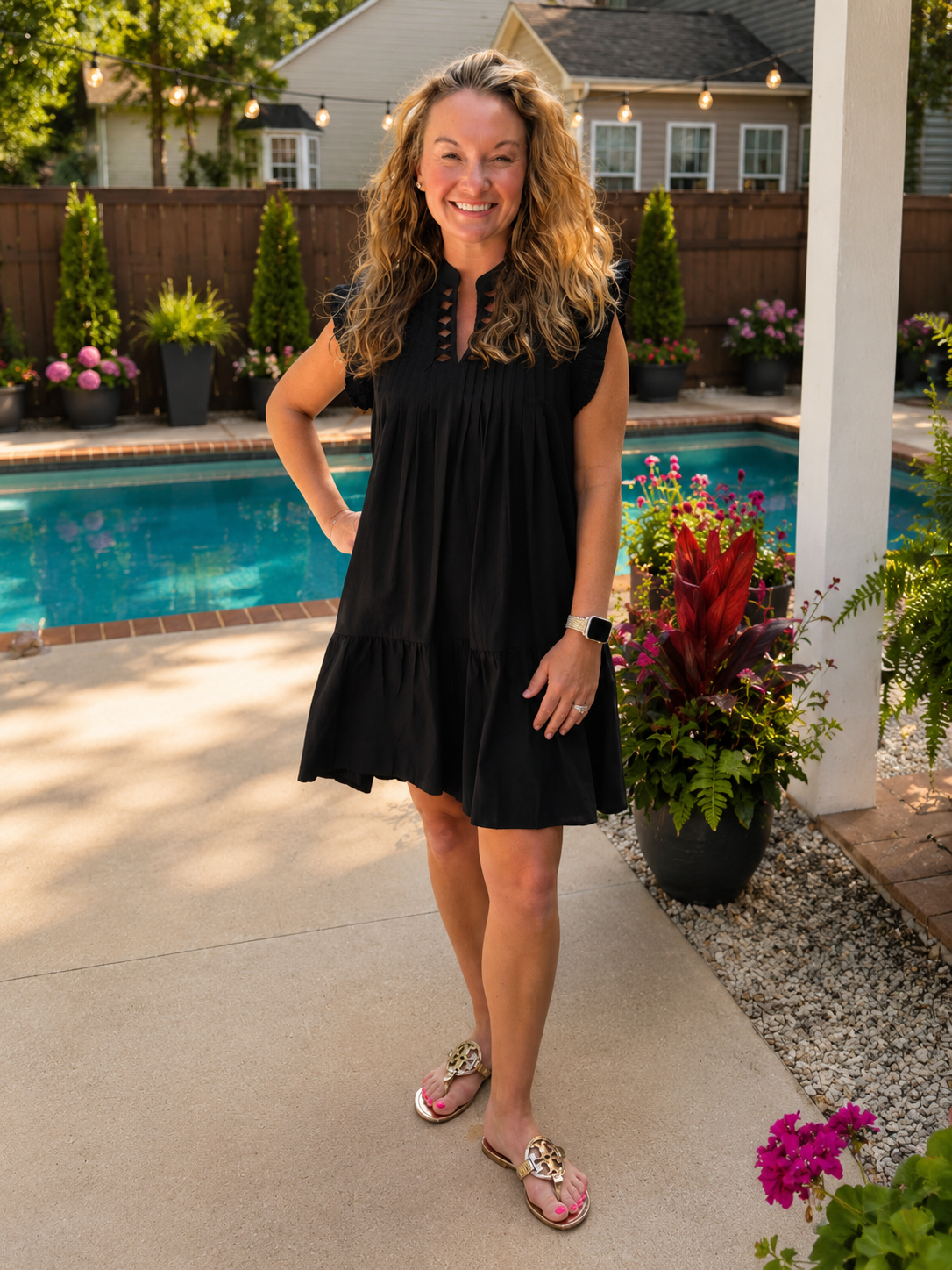 THML Pleated Split Neck Dress