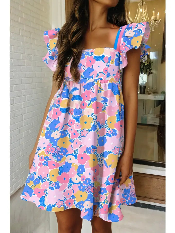 Floral Print Flutter Striped Trim Mini Dress