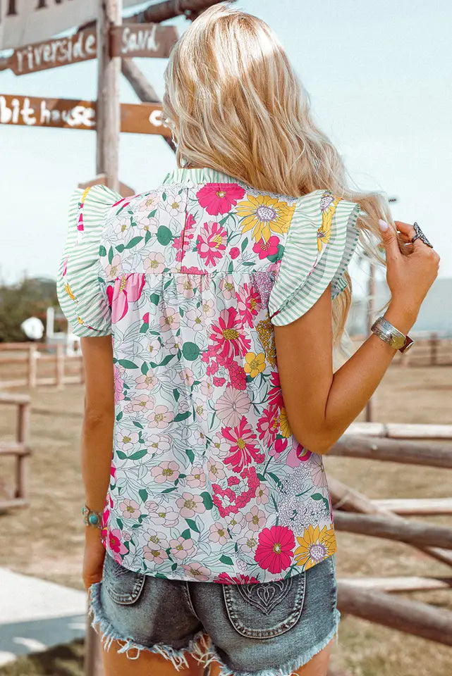 Floral Contrast Ruffle Sleeve Top