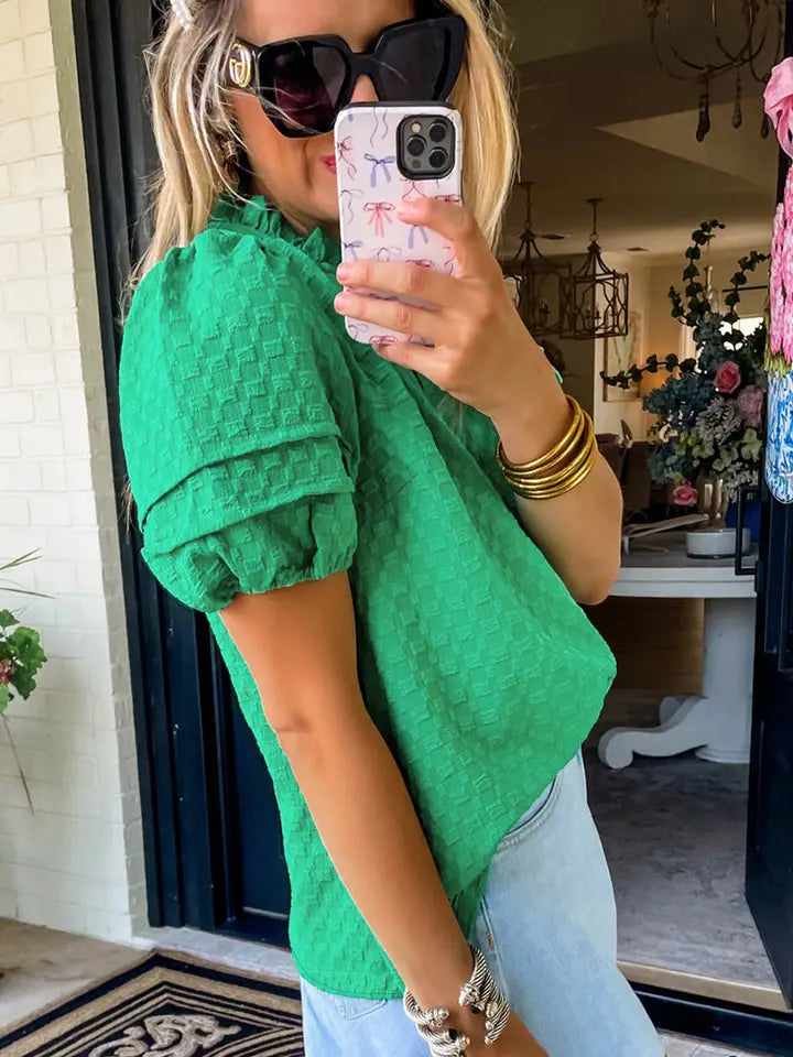 Bright Green Textured Puff Sleeve Top