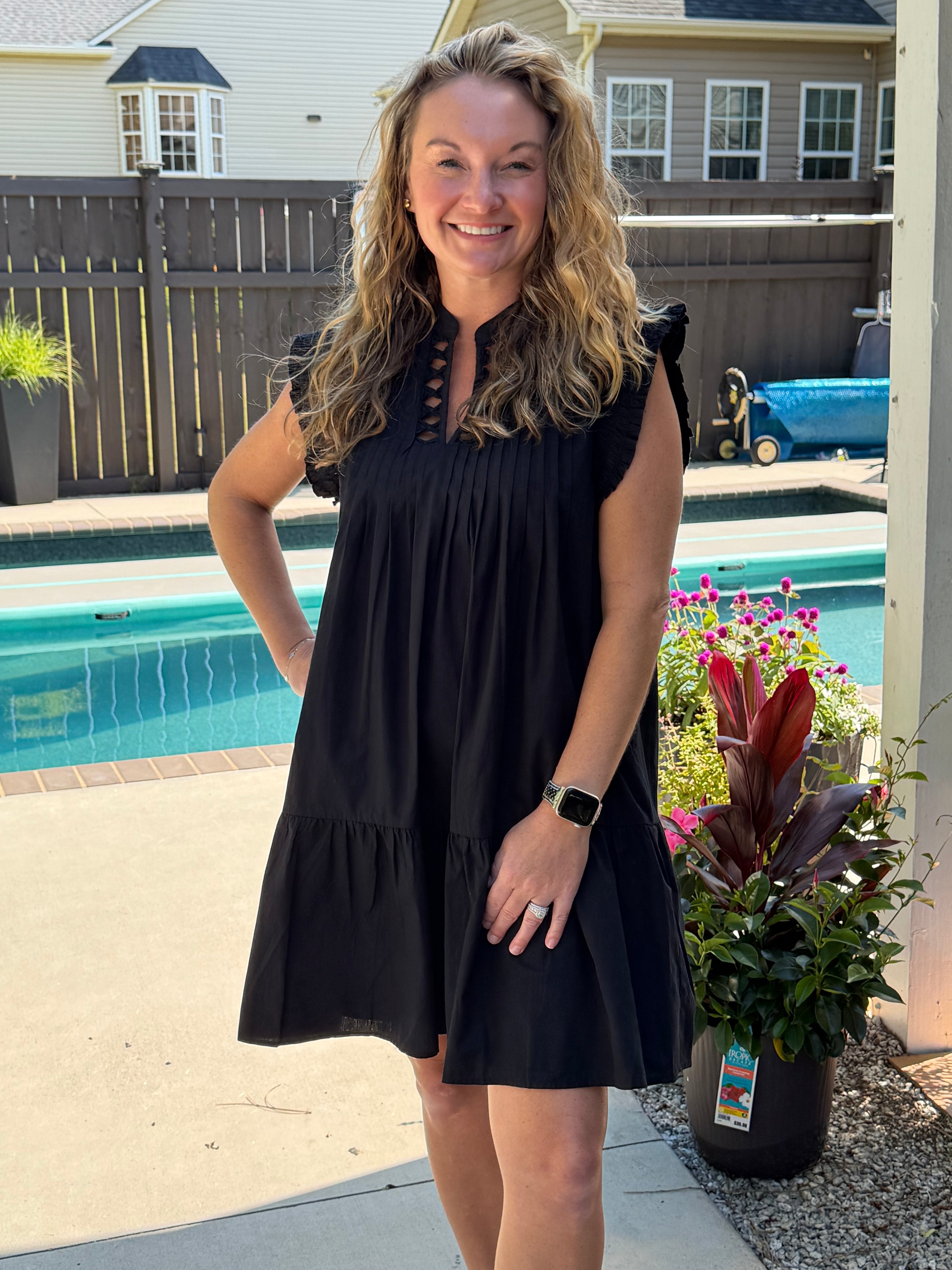 THML Pleated Split Neck Dress