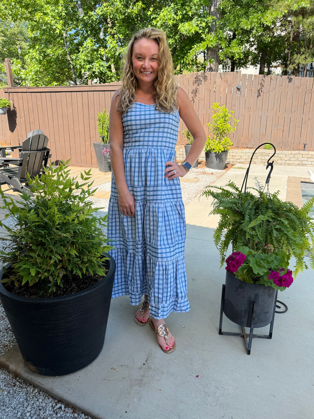 THML Midi Thin Stripped Strap Tiered Dress