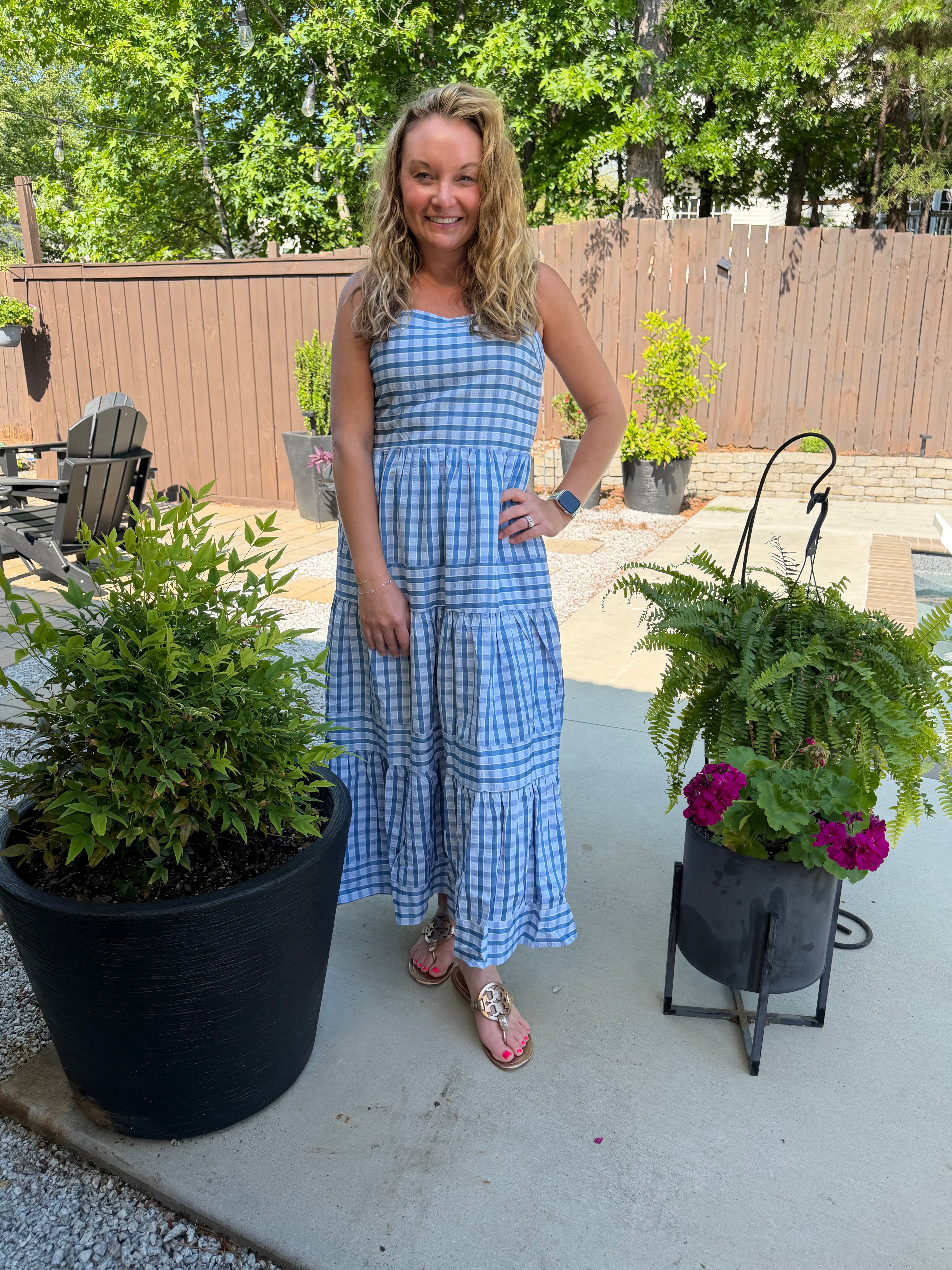 THML Midi Thin Stripped Strap Tiered Dress