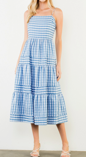 THML Midi Thin Stripped Strap Tiered Dress