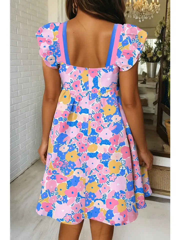 Floral Print Flutter Striped Trim Mini Dress
