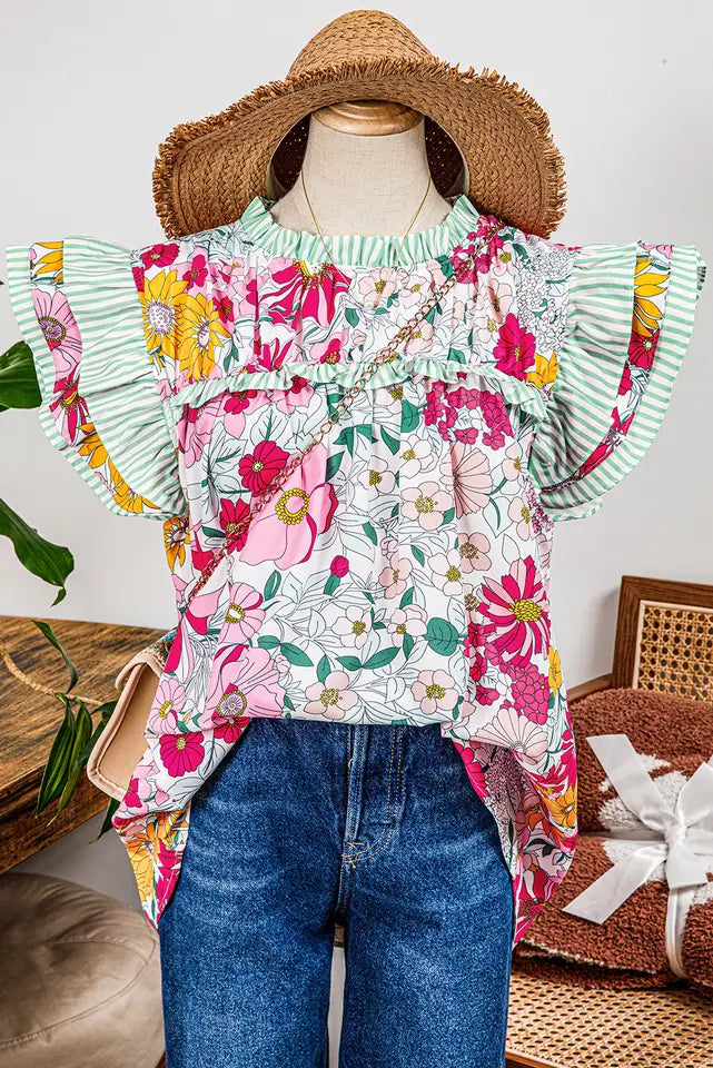 Floral Contrast Ruffle Sleeve Top