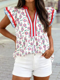 Sunflower Printed Contract Trim V Neck Top